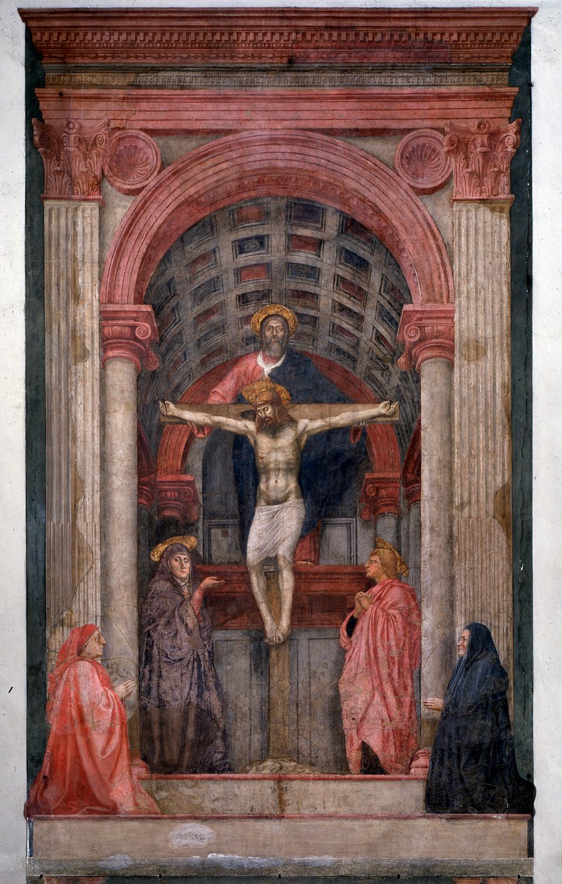 Kolminaisuusjumala, Jeesus Kristus ristiinnaulittuna ympäröi Pyhän Johanneksen ja Neitsyt kahdella lahjoittajalla - Fresco tekijältä Tommaso Masaccio