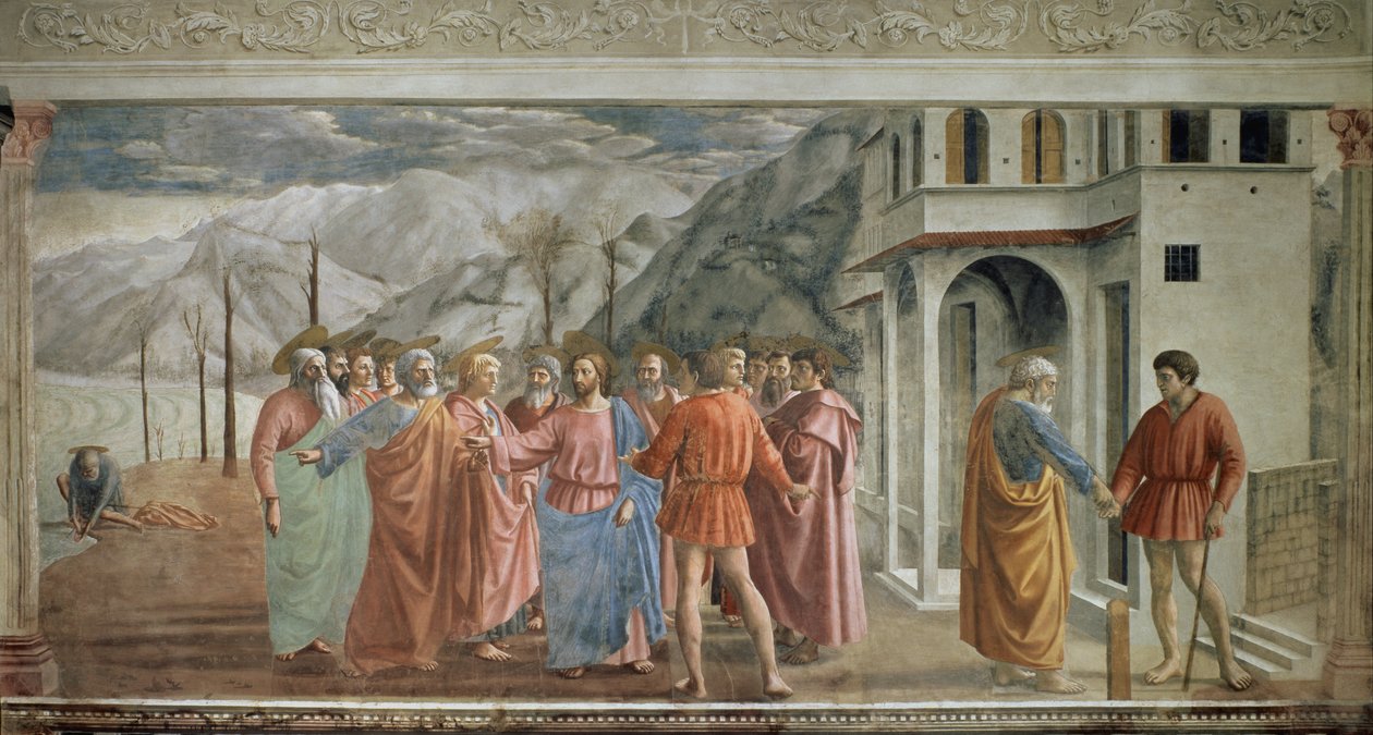 Tribute Money - Le paiement du tribut (Tribuutio) - Fresko Tommaso di ser Giovanni di Mone Cassai dit Masaccio (1401-1428), 254,5x598,3 cm tekijältä Tommaso Masaccio