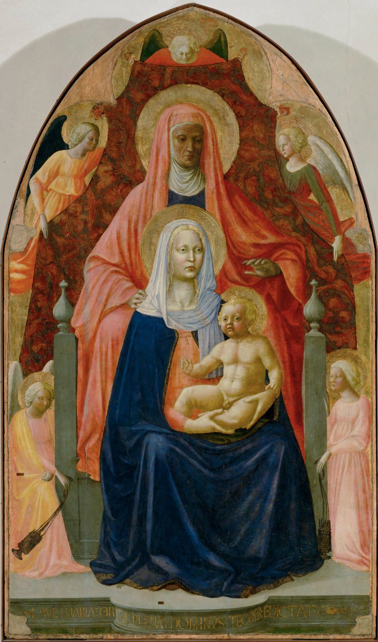 ja Masolino: Anne, Neitsyt Maria ja Jeesus-lapsi, viisi enkeliä (tempera puulle). tekijältä Tommaso Masaccio