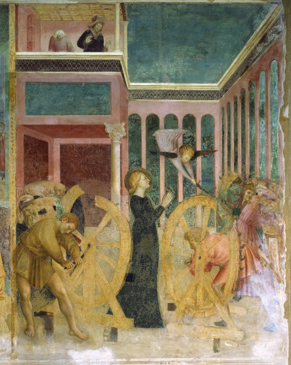 Pyhä Katariina pyörien keskellä, yksityiskohtia Stories of St Catherine -julkaisusta tekijältä Tommaso Masolino da Panicale