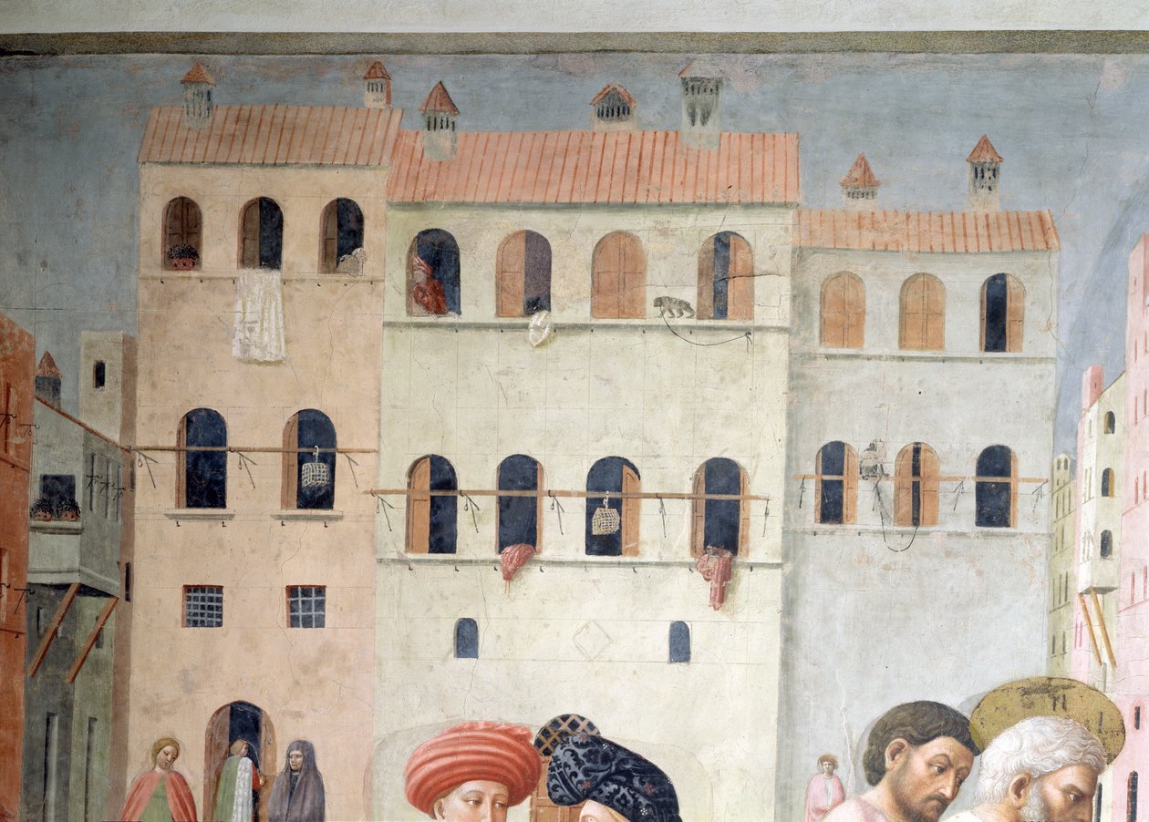 Pyhä Pietari parantamassa rampaa ja Tabithan ylösnousemuksessa Yksityiskohta tausta-arkkitehtuurista, n.1427 fresko ks. myös 57195. tekijältä Tommaso Masolino da Panicale