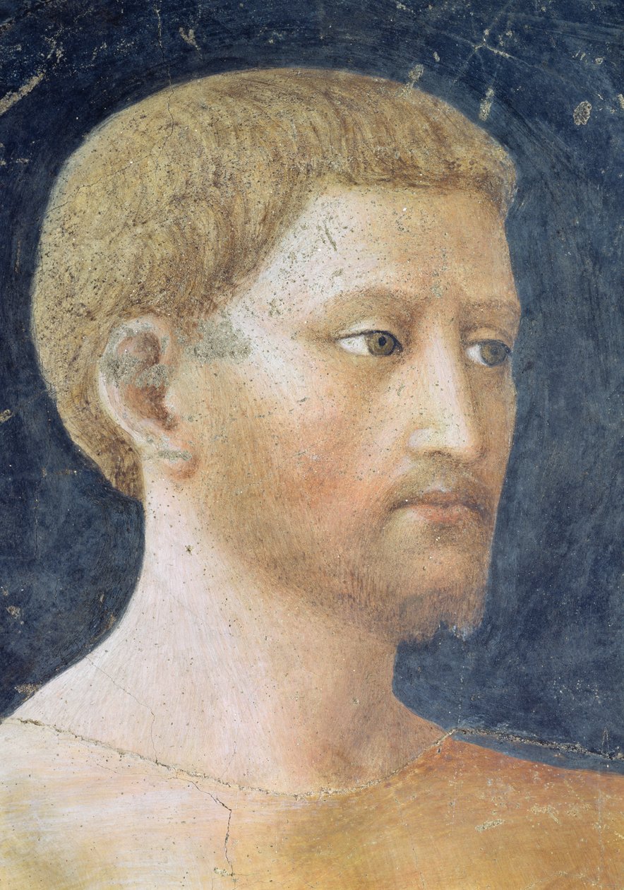 Aatamin ja Eevan kiusaaminen Aatamin pään yksityiskohta, noin 1427 fresko. tekijältä Tommaso Masolino da Panicale