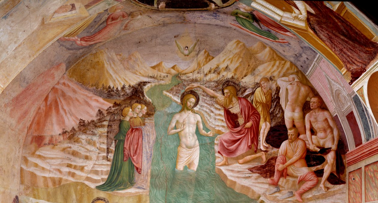 Johannes Kastajan elämä: Kristuksen kaste - Fresco tekijältä Tommaso Masolino da Panicale