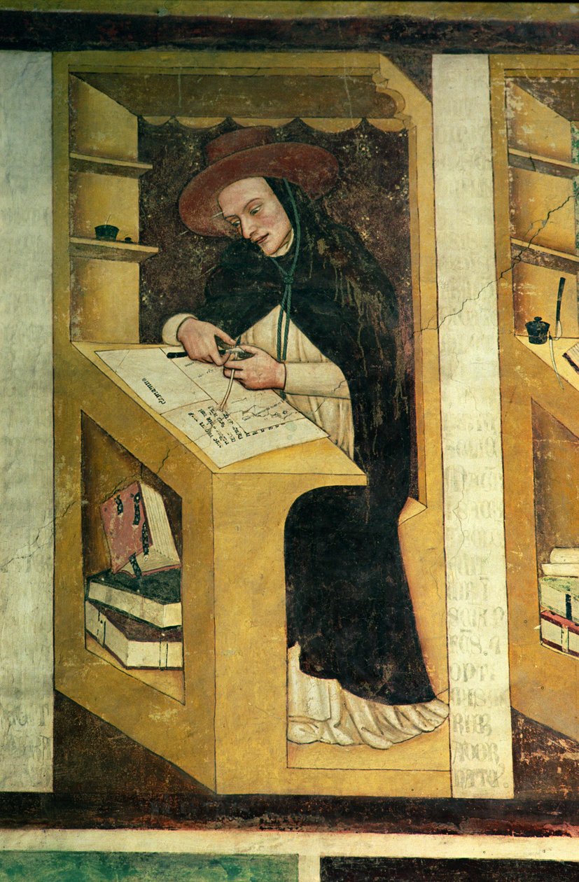 Dominikaaninen munkki pöytänsä ääressä "Neljänkymmenen Dominikaanisen ritarikunnan maineikkaan jäsenen" syklistä Kapitalitalossa, 1342 tekijältä Tommaso da Modena