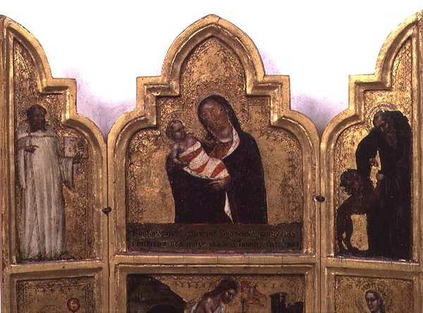 Madonna ja lapsi Pyhän Benedictuksen ja Pyhän Hieromuksen kanssa, triptyykin yläpuoli (katso myös 78652) tekijältä Tommaso da Modena Barisino or Rabisino
