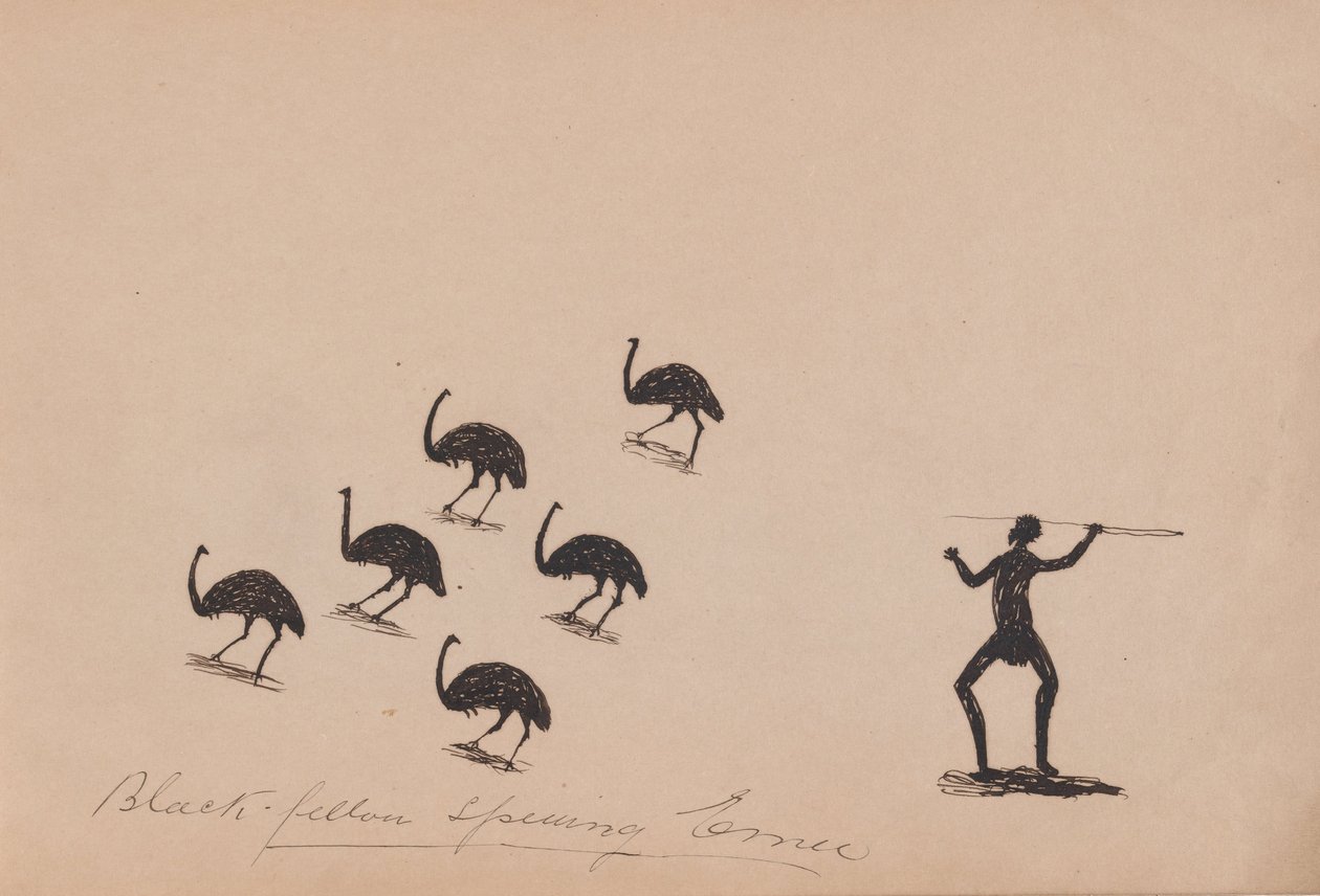 Kwatkwat -ihmiset - Musta kaveri spearing emu -Sketchbook of Aboriginal activities tekijältä Tommy McRae