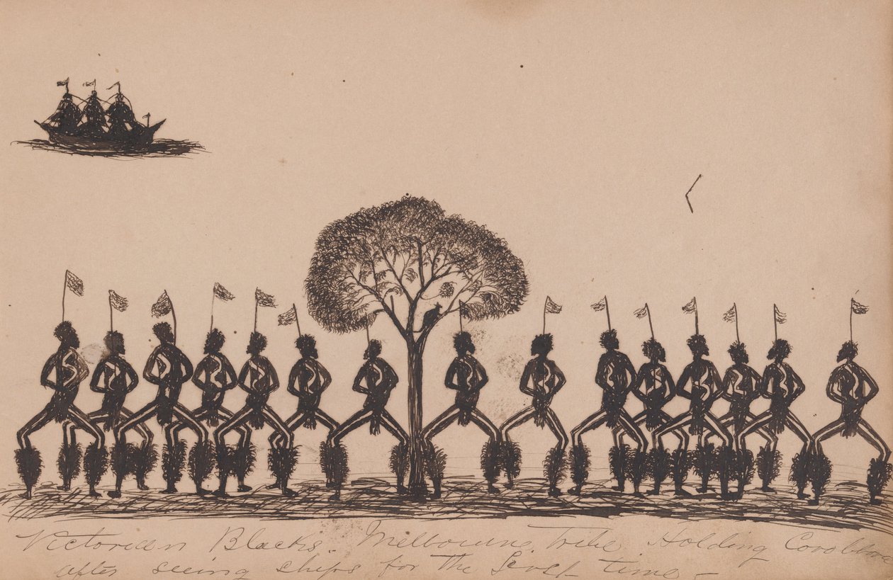 Kwatkwat -ihmiset - viktoriaaniset mustat - Melbournen heimo, jolla on korroboree nähtyään alukset ensimmäisen kerran - Sketchbo ... tekijältä Tommy McRae
