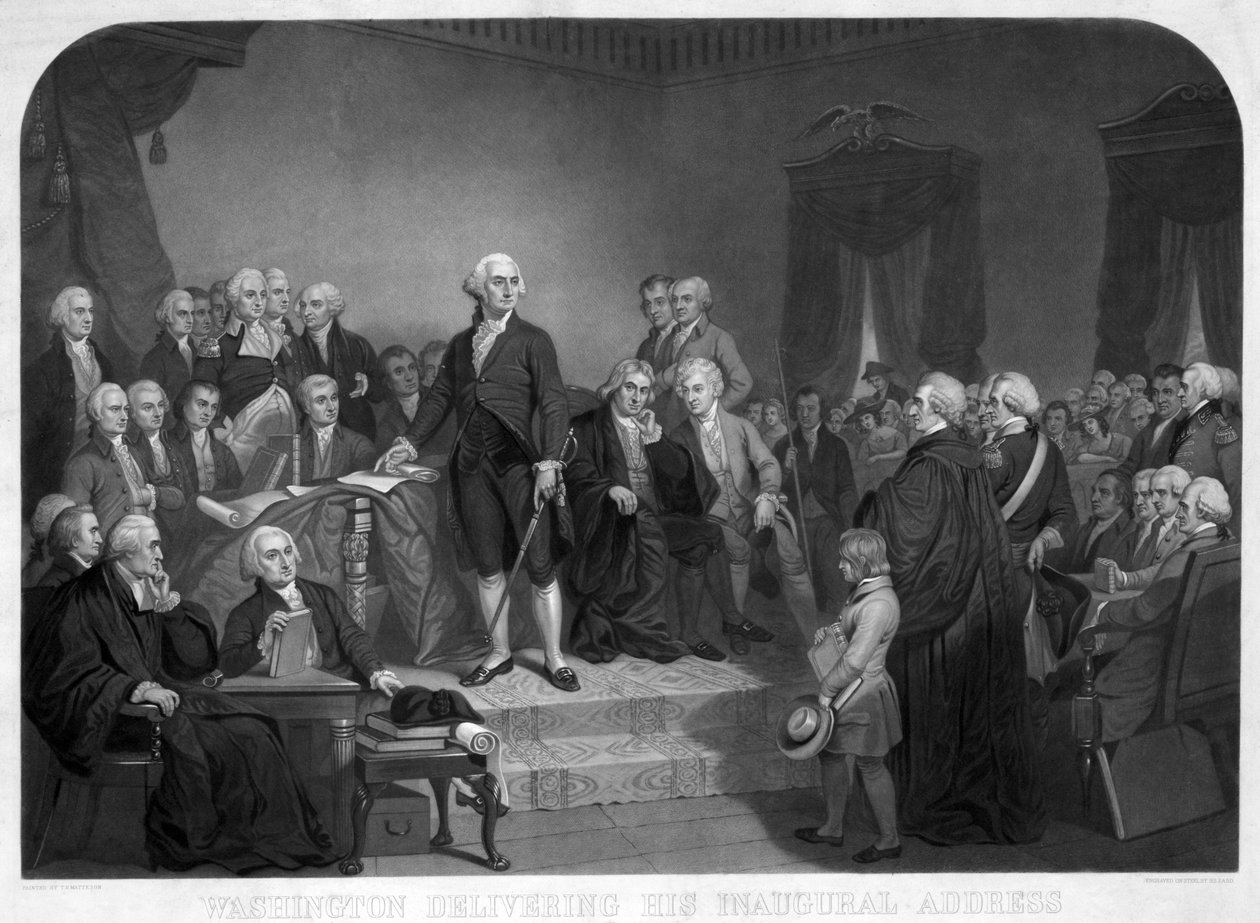 Washington pitää avajaispuheensa huhtikuussa 1789, pub. noin 1850 tekijältä Tompkins Harrison Matteson