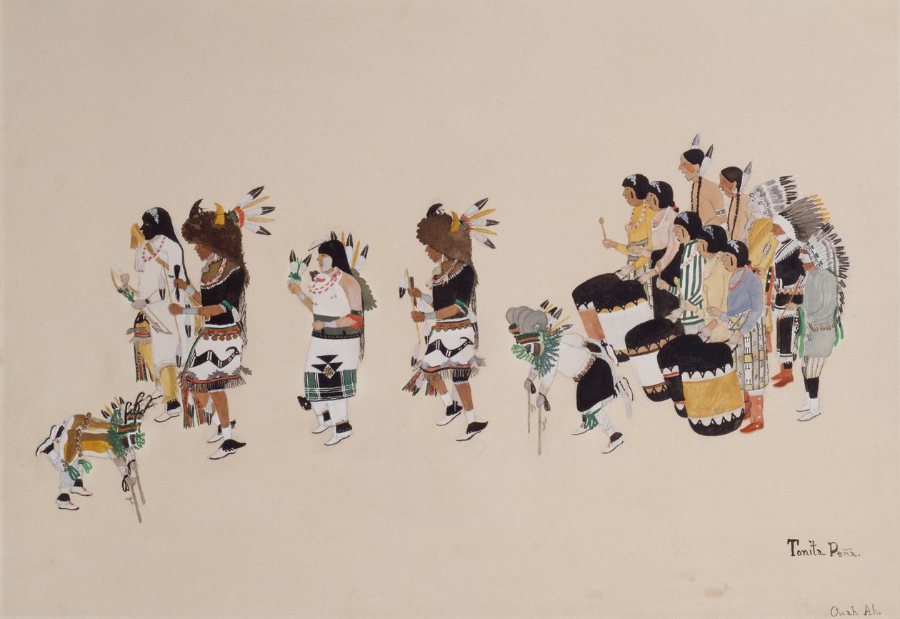 Buffalo Dance Chorus, n. 1930-39 (tempera aluksella) tekijältä Tonita Peña