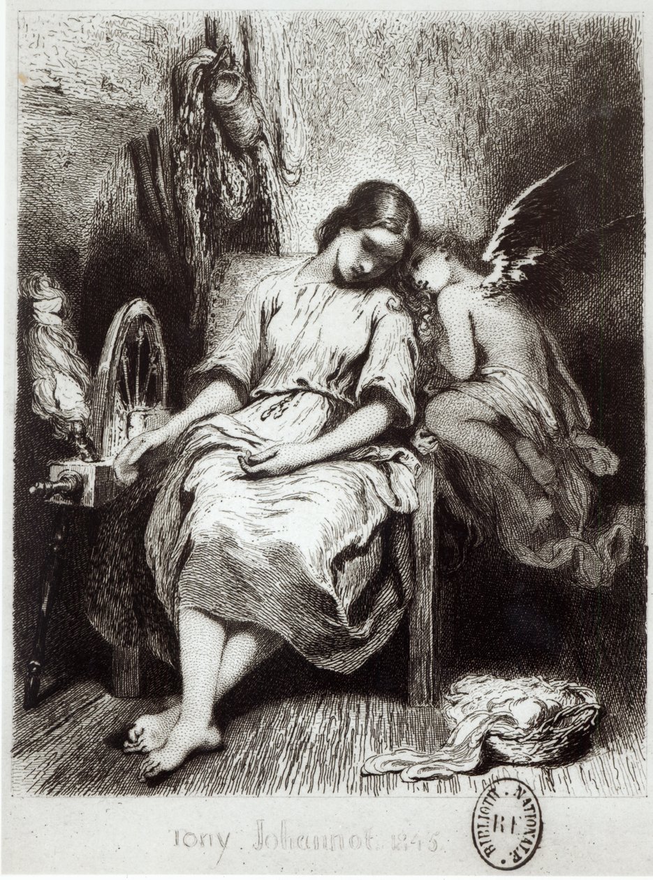 Nuori nainen torkkumassa enkelin kanssa, kuvitus Charles Nodierin (1780-1844) Contes Choisisista tekijältä Tony Johannot