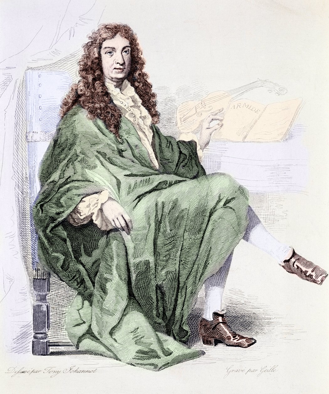 Giovanni Battista Lullin tai Jean-Baptiste Lullyn (1632-1687) muotokuva säveltäjästä kuningas Ludvig XIV:n hovissa - Kaiverrus (säveltäjä Jean Baptiste Lullyn muotokuva) Yksityinen kokoelma tekijältä Tony (after) Johannot