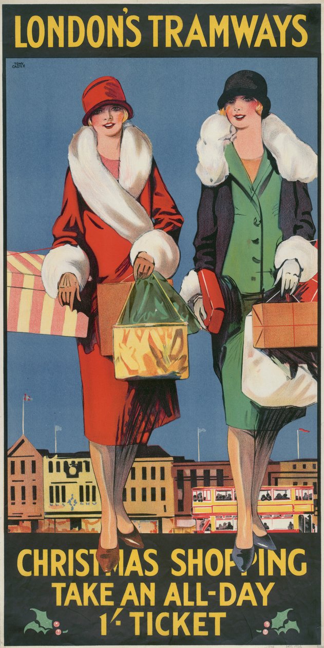 "Jouluostoksilla, ota koko päivän 1 lippu", Lontoon kreivikuntaneuvoston LCC Tramways -juliste, 1926 tekijältä Tony Castle
