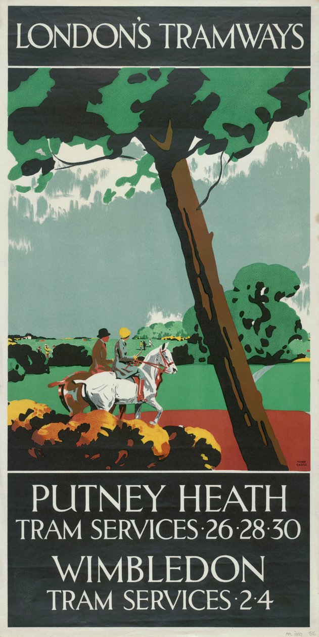 "Putney Heath, Wimbledon", Lontoon kreivikuntaneuvoston LCC Tramways -juliste, 1927 tekijältä Tony Castle
