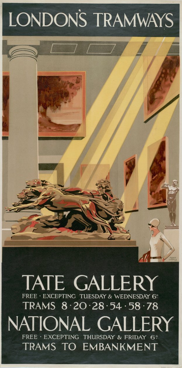 "Tate Gallery, National Gallery", Lontoon kreivikuntaneuvoston LCC Tramways -juliste, 1927 tekijältä Tony Castle