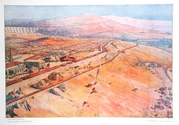La Cite Industrielle -teoksesta Tony Garnierin (1869-1948) suunnittelema terassi laaksoon päin. tekijältä Tony Garnier