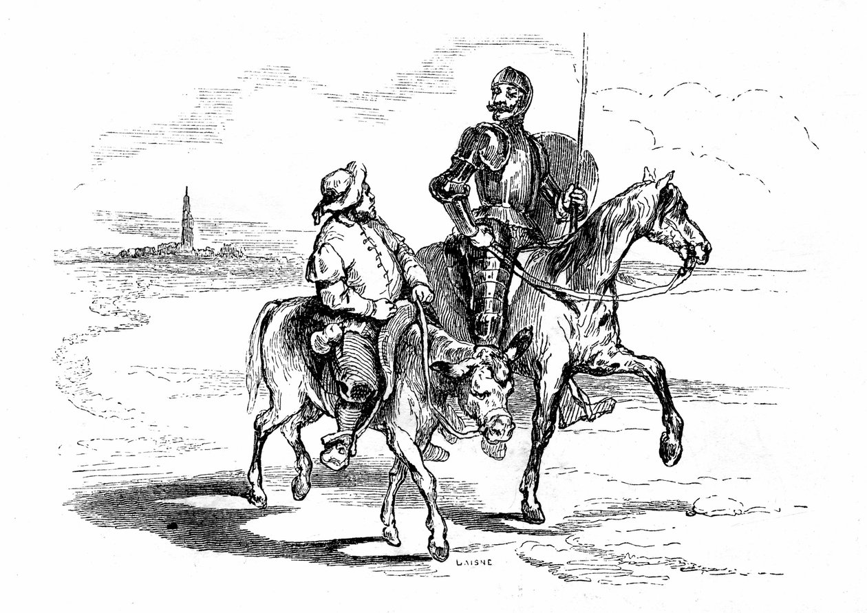 Don Quijote (Qijote, Quijote) ratsastaa hevosensa Rossinanten selässä ja hänen fidele squiyerinsa Sancho Panza (Panca) aasinsa selässä. Kuvitus Cervantesin romaanista, jonka julkaisi Ranskassa vuonna 1845 Dubochet  Cie, käännös Louis Viardot, kaiverrukset  tekijältä Tony Johannot