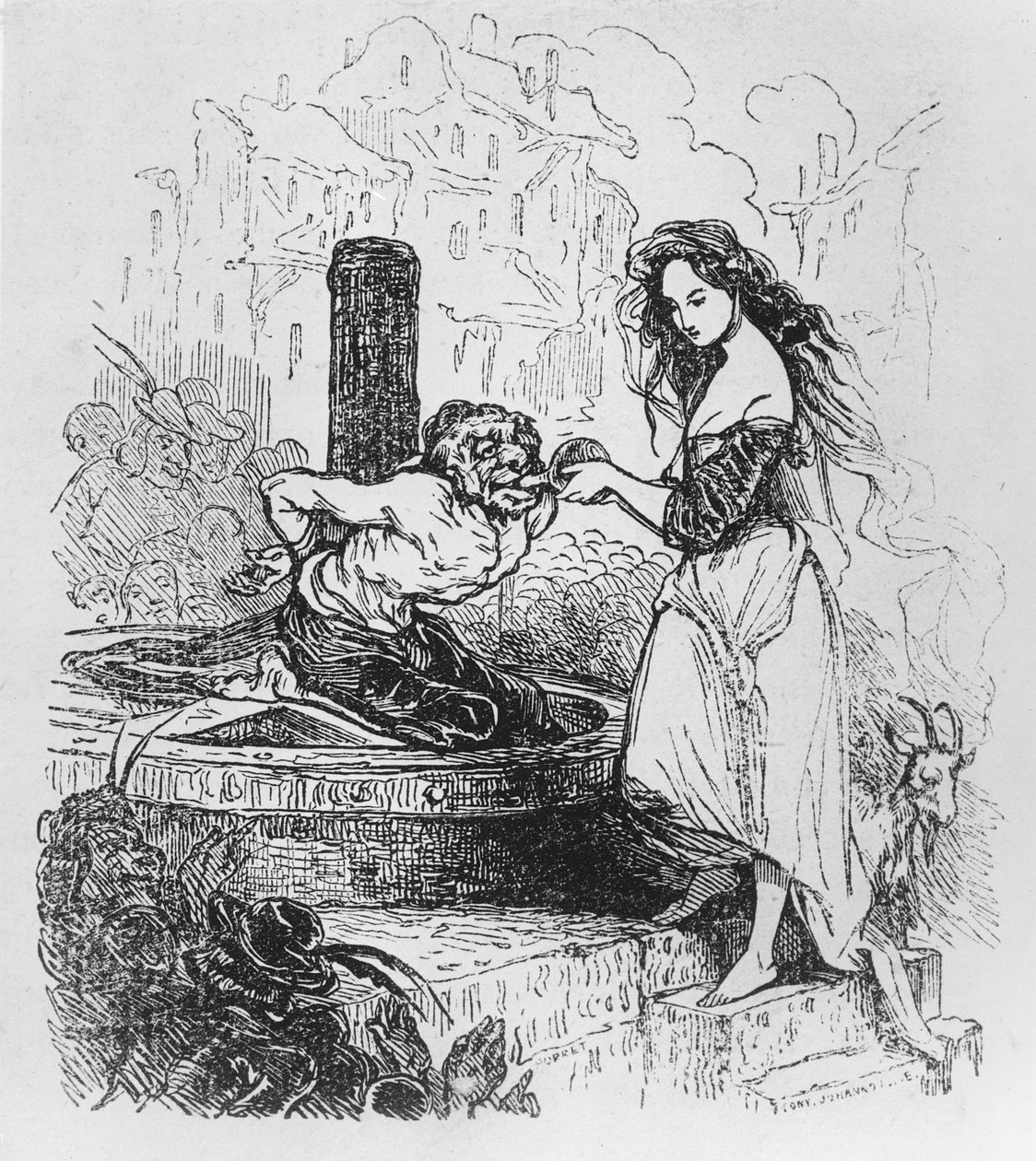 Esmeralda tarjoilee Quasimodolle juoman, kuva Victor Hugon "The Hunchback of Notre Dame" -sarjasta tekijältä Tony Johannot