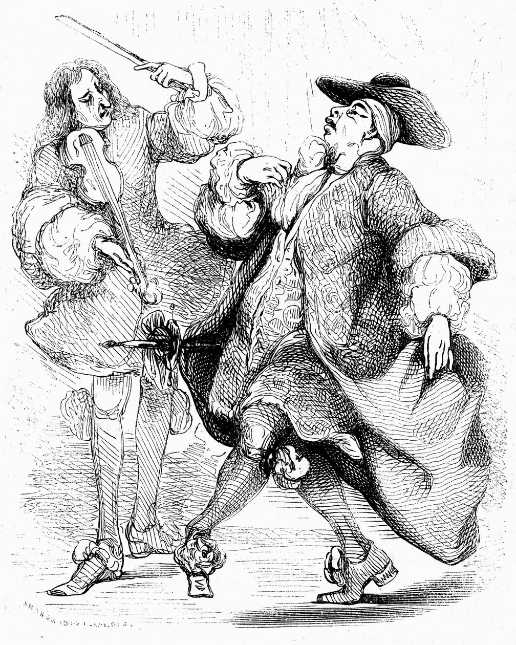 Moliere: Jourdain tanssii musiikkimestarinsa johdolla. Tony Johannot