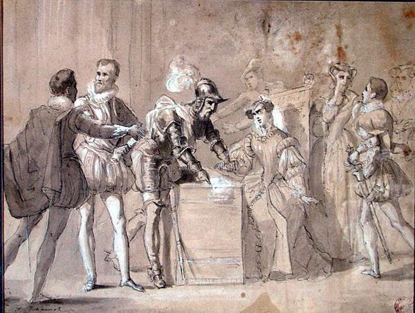 Alexandre Dumasin (1802-70) "Henri II" -projekti (kynä ja pesu paperille) tekijältä Tony Johannot