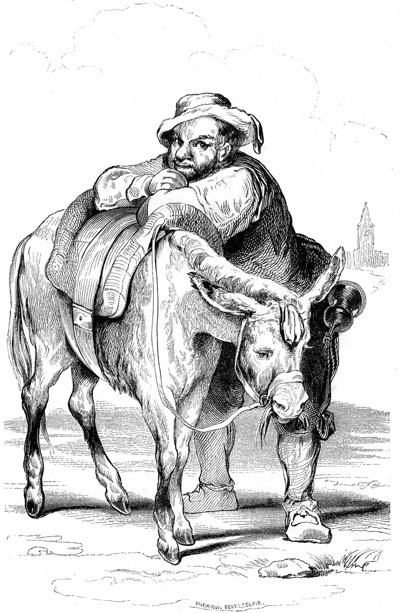 Sancho Panza (Panca), Don Quijoten (Quijote, Quijote) talonpoika ja hänen aasinsa. Kuvitus Cervantesin romaanista, jonka julkaisi Ranskassa vuonna 1845 Dubochet  Cie, käännös Louis Viardot, kaiverrukset Ony Johannot. tekijältä Tony Johannot