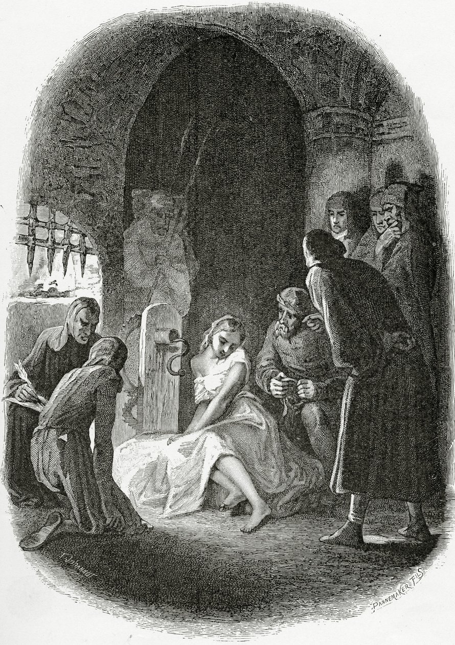 Esmeraldan kuulustelu - kuvitus Notre Dame de Paris -teoksesta, 1800-luku (bw-kaiverrus). tekijältä Tony Johannot
