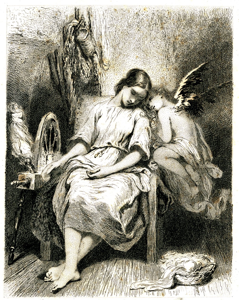 Nuori nainen (kehrääjä) nukkuu pyöränsä ääressä - Angelot nojaa hänen olkapäänsä yli - uni - unelma - haaveilu - rakkaus - kaiverrus (etsaus 1845) Tony Johannot (Antoine Johannot dit) tekijältä Tony Johannot