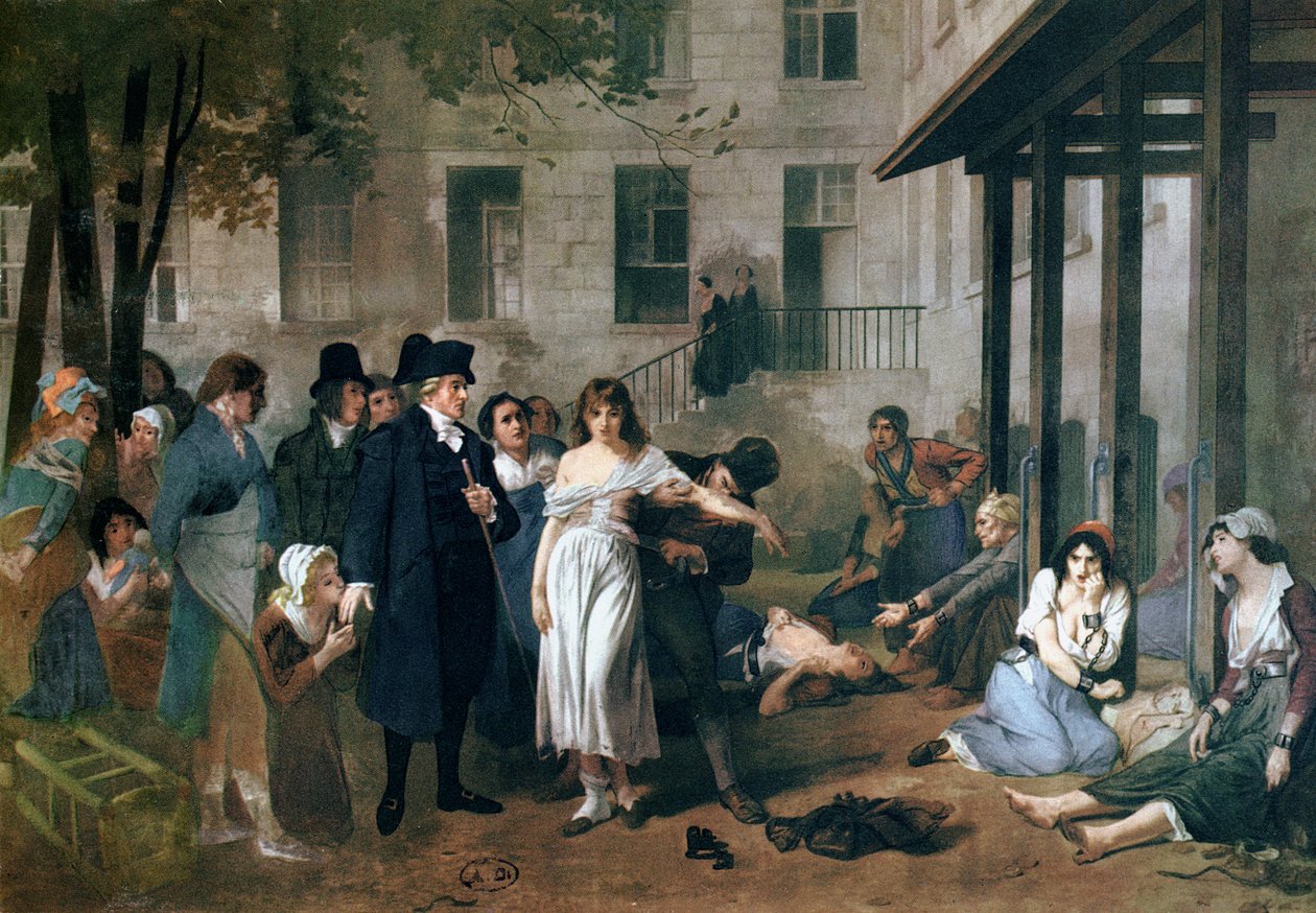 Philippe Pinel (1745-1826) vapautti hullut kahleistaan Salpetrieren turvapaikalla Pariisissa vuonna 1795 tekijältä Tony Robert Fleury