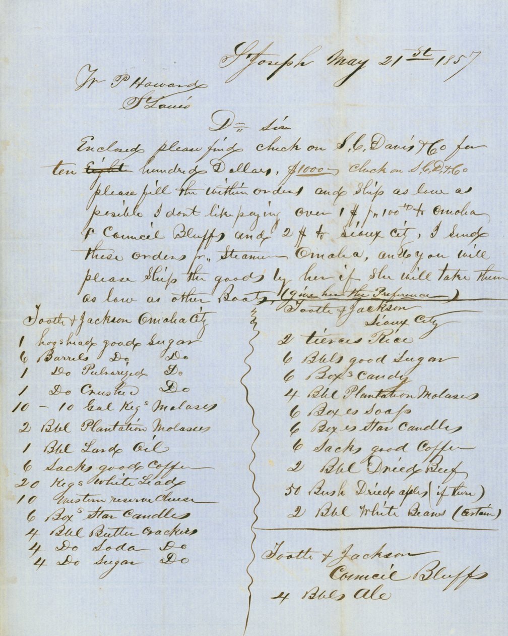Kirje allekirjoitti Tootle & Jackson, Council Bluffs, W.P. Howard, St.Louis, 21. toukokuuta 1857 tekijältä Tootle and Jackson