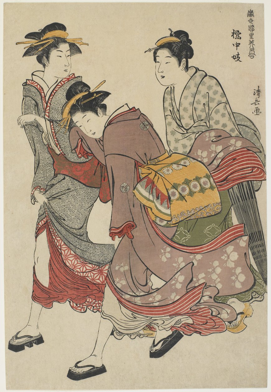 Tachibana-cho:n viihdyttäjät, 1782 (värillinen puupiirrosjälki) tekijältä Torii Kiyonaga
