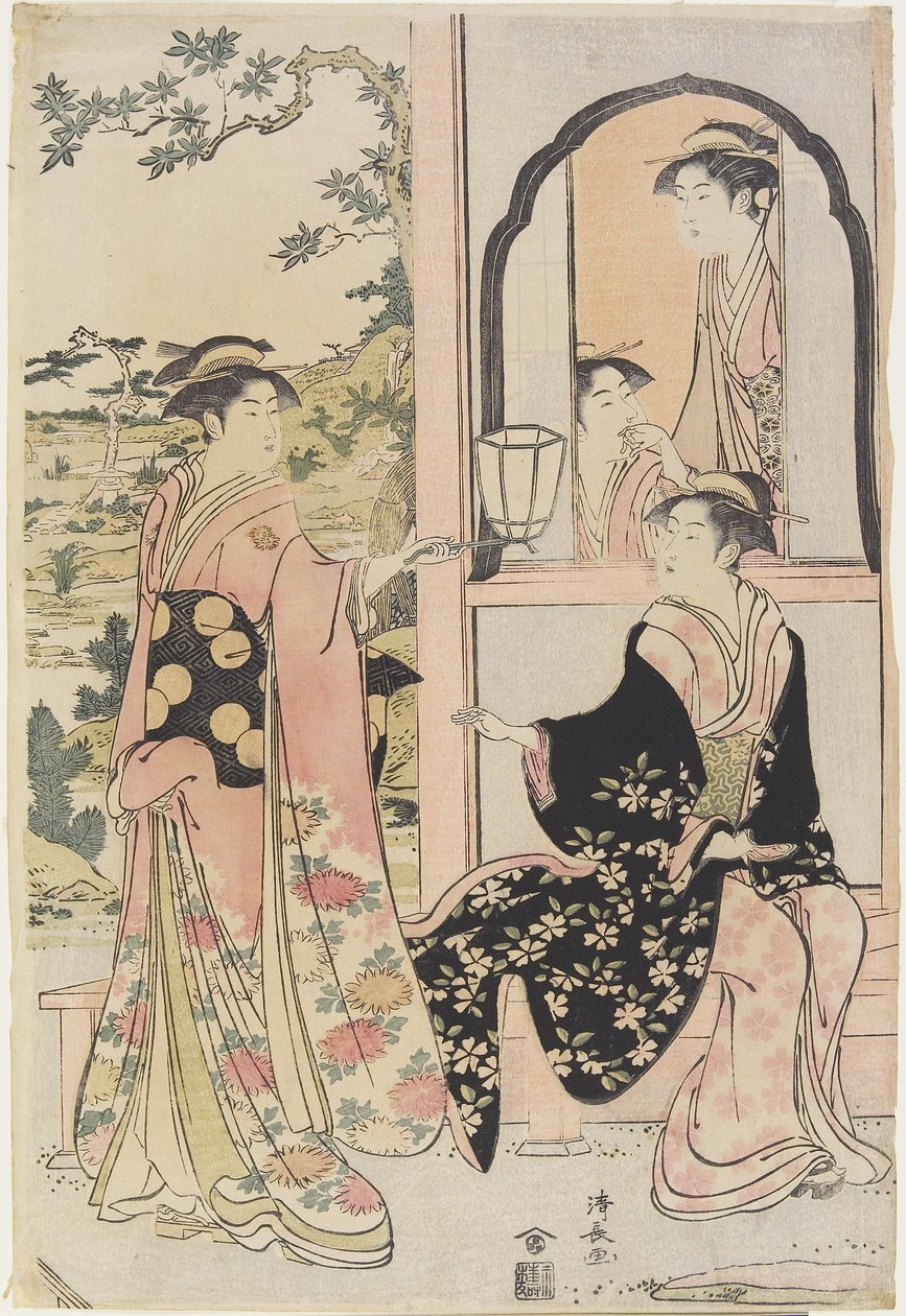 Miehet mustassa Ushiwaka Serena Jon g Jo_Ruri Hime, 1785 tekijältä Torii Kiyonaga