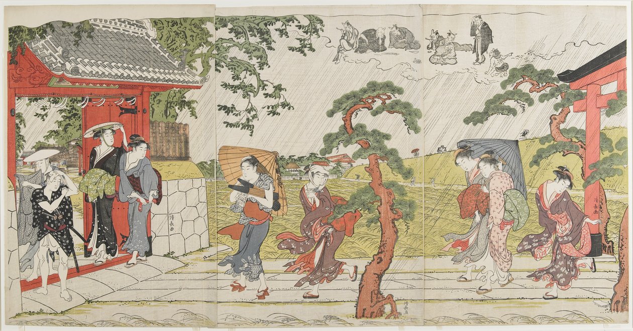 Äkillinen suihku Mimeguri-pyhäkössä, 1787 tekijältä Torii Kiyonaga