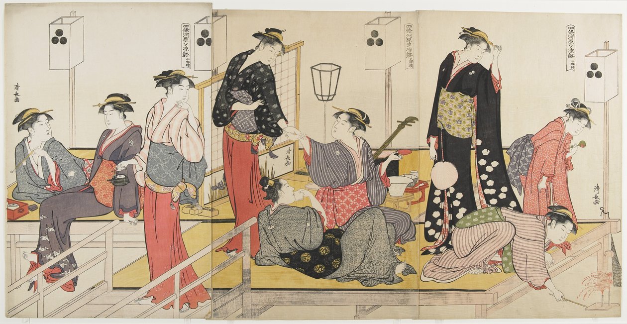 Triptyykki jäähtymisestä illalla Shijo_ Riverbankissa, 1784 tekijältä Torii Kiyonaga