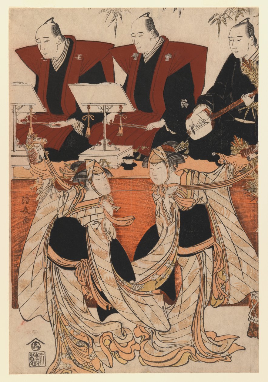 Two actors as Iwai Hanshiro IV and Segawa Kikunojo III in the Karukoma dance, accompanied by Joruri recitation, c.1783 (colour woodblock print) tekijältä Torii Kiyonaga