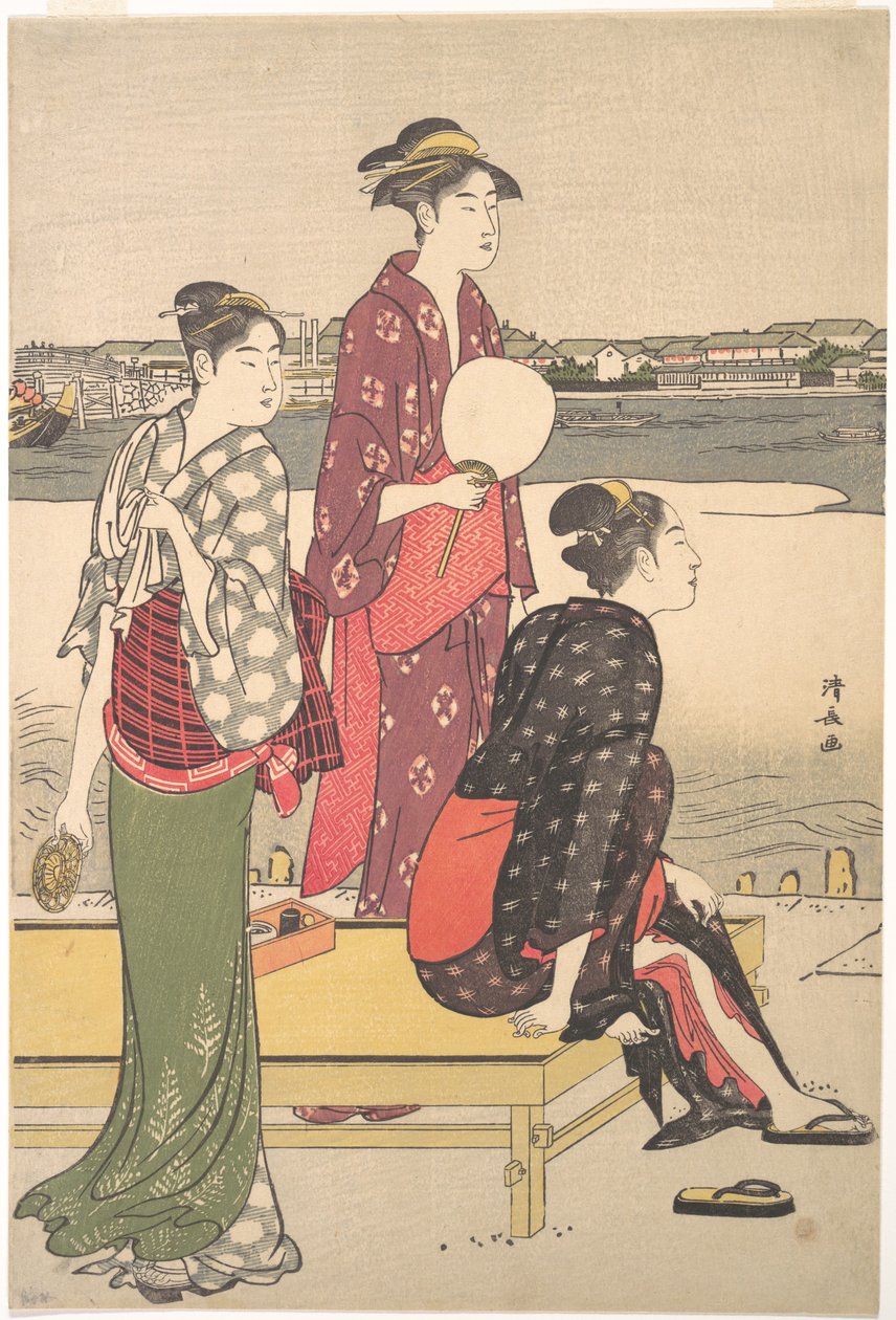 Torii Kiyonagan Ukiyo-e-värillinen painatus kolmesta kaunottaresta tekijältä Torii Kiyonaga