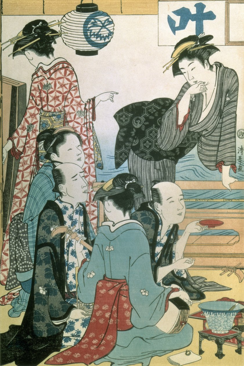 Homokorttelin naiset, diptyykin vasen paneeli (värillinen puupainatus) (katso myös 114572) tekijältä Torii Kiyonaga