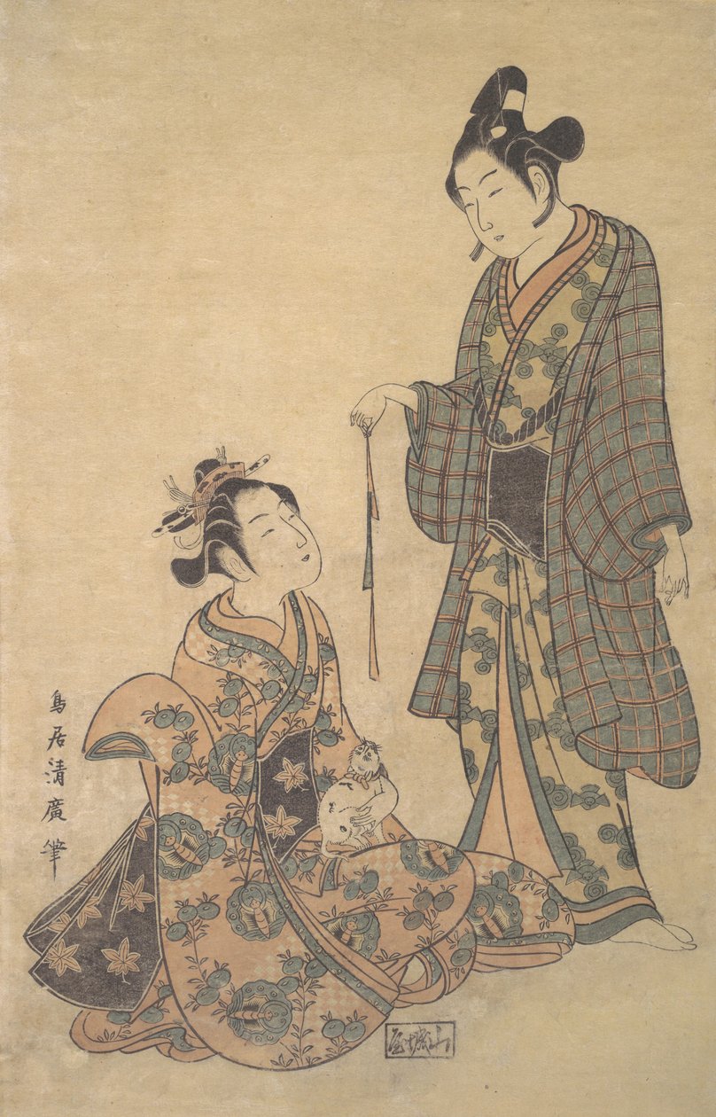 Nainen istuva, pitelee kissaa, n. 1755. tekijältä Torii Kiyohiro