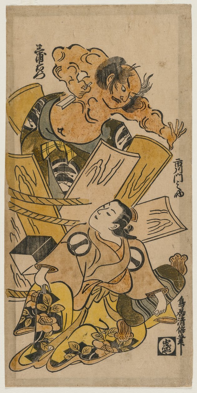 Ichikawa Monnosuke kurtisaanina ja Nakajima Mioemon puhkeamassa tynnyristä, noin 1720-luvun alussa. tekijältä Torii Kiyomasu