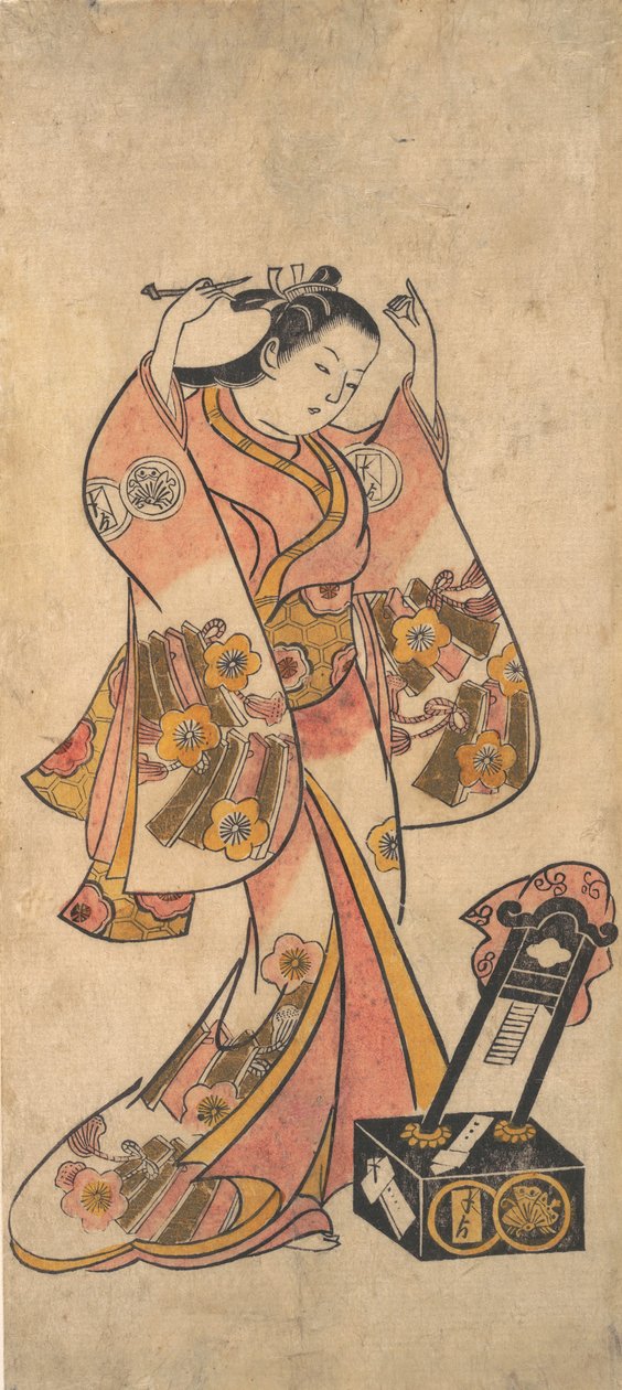 Sanjo Kantaro naisena, joka järjestää hiuksiaan ennen lakkapeiliä, ennen vuotta 1763. tekijältä Torii Kiyomasu II.