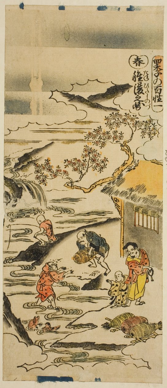 Kevät: Riisinjyvien liotus (Haru: tanehitashi no zu), nro 1 sarjasta "Four Seasons of Farmers (Shiki no hyakusho)" tekijältä Torii Kiyomasu II
