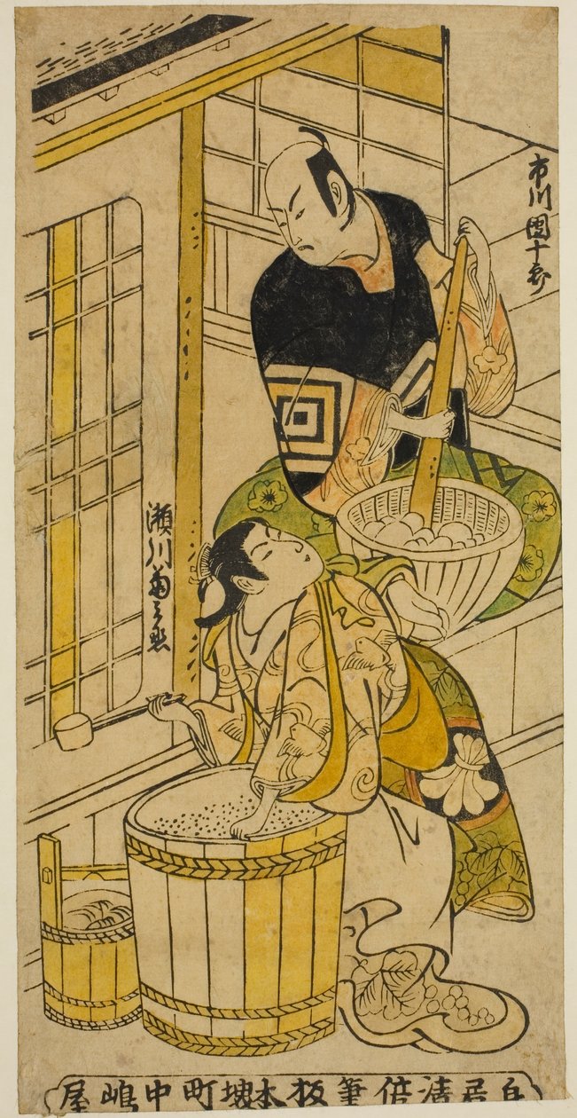 Näyttelijä Ichikawa Danjuro II Kenkaya Gorouemonina ja Segawa Kikunojo I Osenina näytelmässä "Hatsugoyomi Akinai Soga", joka esitettiin Nakamura-teatterissa ensimmäisen kuukauden aikana, 1732 tekijältä Torii Kiyomasu II
