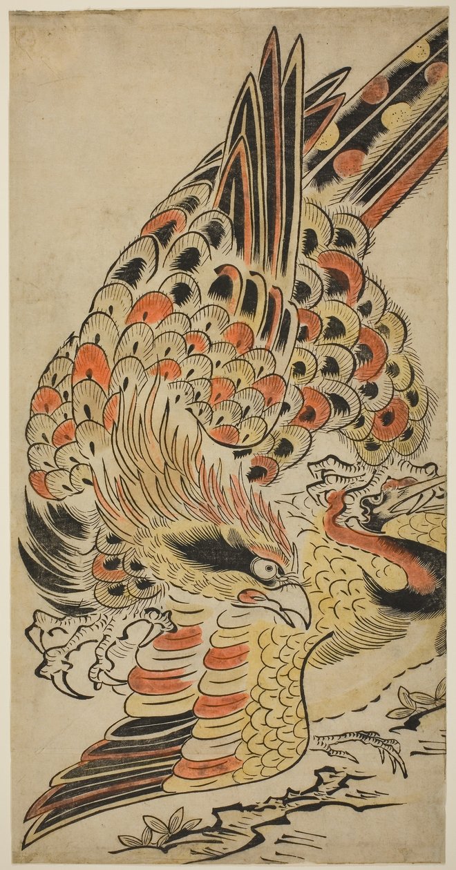 Haukka vangitsemassa nosturia lennossa, n. 1715 (käsinvärinen puupalikkaprintti) tekijältä Torii Kiyomasu I