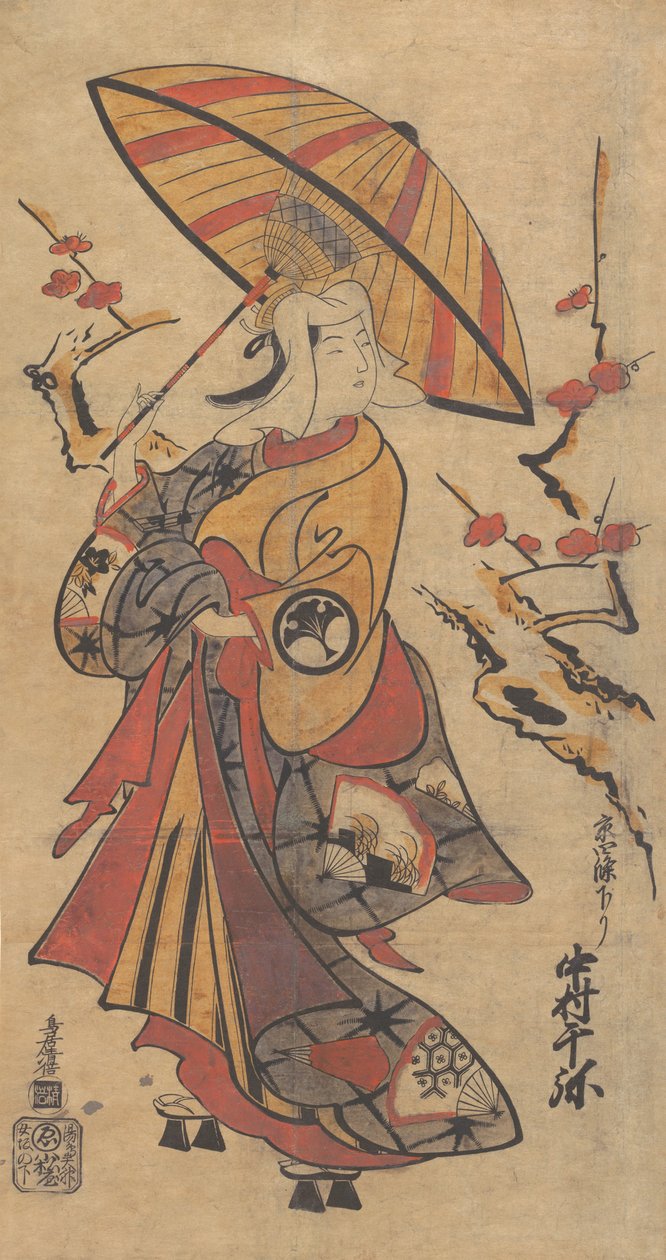 Näyttelijä Nakamura Senya Tokonatsuna Kabuki-näytelmässä, The Legacy of the Three-Comma F..., n. 1716. tekijältä Torii Kiyomasu I