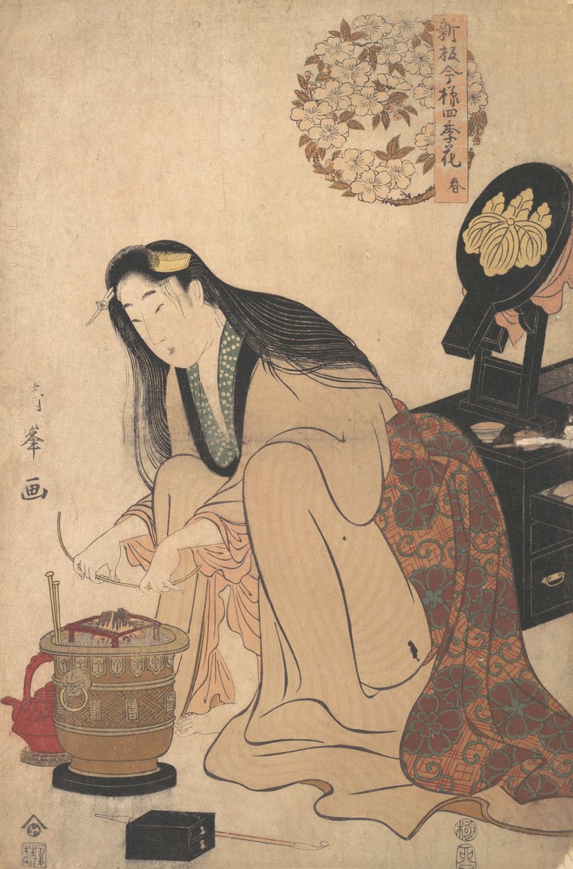 Lady järjestää Binsashi-tukea hiuksille temppelien päällä hiuksiinsa pukemista varten, noin..., noin. 1808. tekijältä Torii Kiyomine