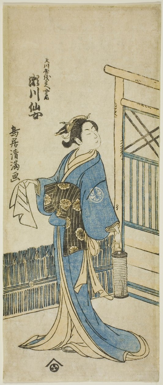Näyttelijä Segawa Senjo (Kikunojo III) Amakawaya Gihein vaimona näytelmässä "Kanadehon Chushingura", joka esitettiin Nakamura-teatterissa viidennessä kuussa vuonna 1776. tekijältä Torii Kiyomitsu I