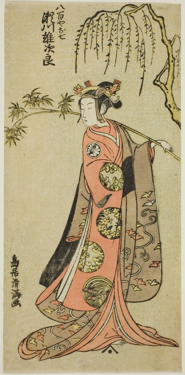 Näyttelijä Segawa Yujiro I Oshichina näytelmässä "Edo no Haru Meisho Soga", joka esitettiin Ichimura-teatterissa kolmannessa kuussa vuonna 1773. tekijältä Torii Kiyomitsu I