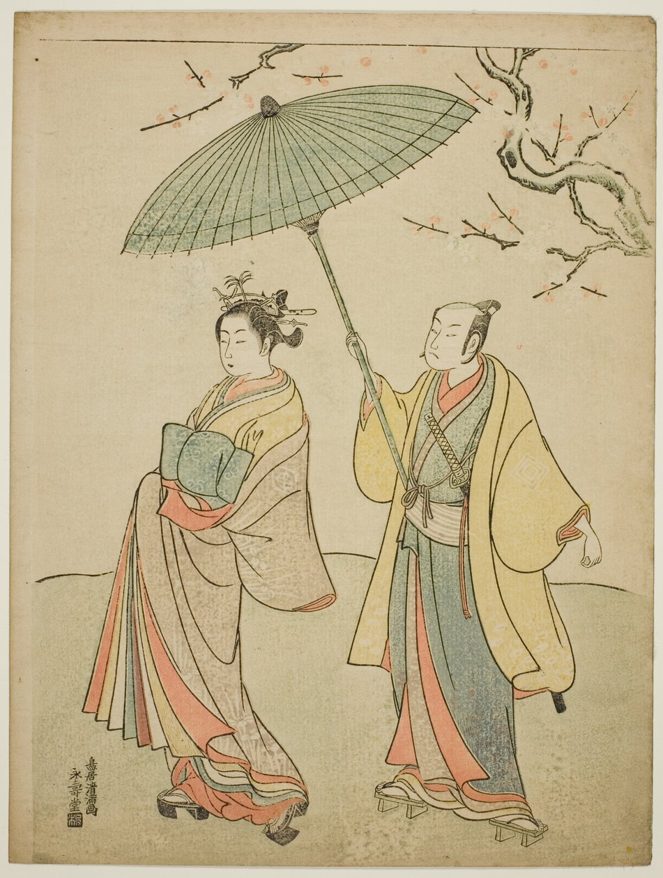 Näyttelijät Ichikawa Komazo I (vas.) ja Nakamura Matsue I (oik.) tekijältä Torii Kiyomitsu I