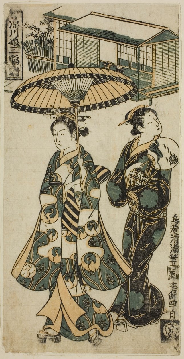 Nuori nainen ja emäntä, kuvasta "Fukagawan tytöt - Triptyykki (Fukagawa musume sanpukutsui)". tekijältä Torii Kiyomitsu I