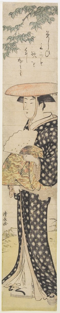 (Nainen hattu päässä kävelee puun alla), 1782 tekijältä Torii Kiyonaga