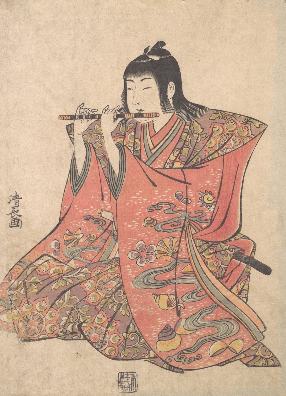 Nukke, joka edustaa huilua soittavaa poikaa, n. 1780. tekijältä Torii Kiyonaga