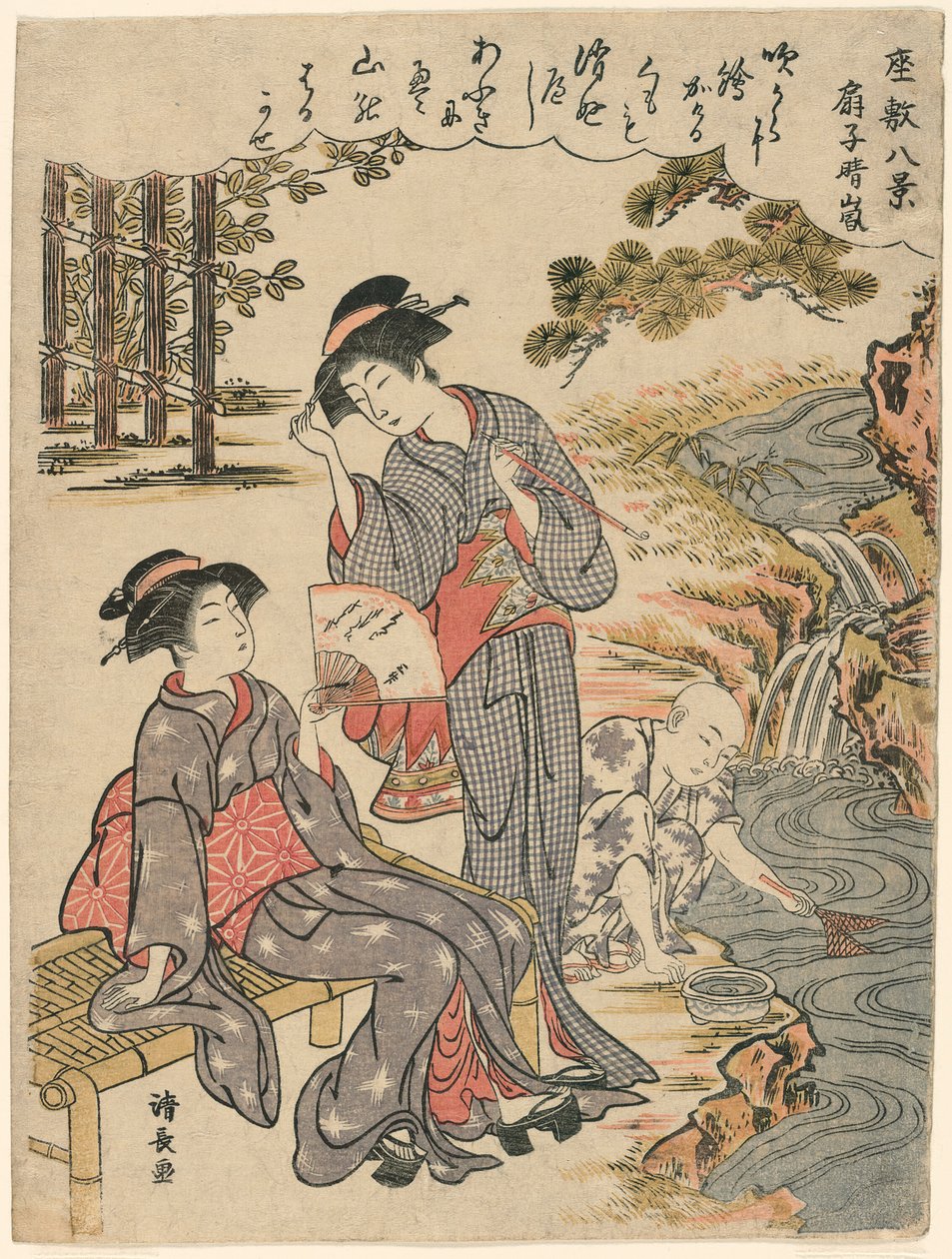 Fani, joka ehdottaa hajallaan olevaa myrskyä (Sensu no seiran) sarjasta "Eight Scenes of the Salon (Zashiki hakkei)" tekijältä Torii Kiyonaga